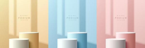 Set of pink, yellow, blue and white realistic 3d cylinder stand podium with window shadow overlay. Vector abstract room with geometric forms. Minimal scene for products showcase, Promotion display.