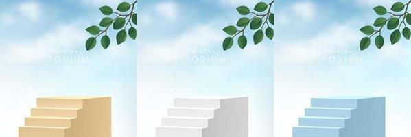 Set of yellow, blue and white realistic 3d cube stair stand podium with green leaf and blue sky scene. Abstract studio room. Pastel minimal scene for mockup product, stage showcase, Promotion display.
