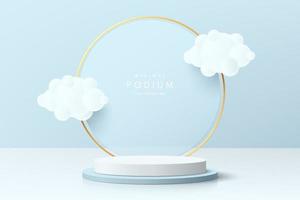 podio de pedestal de cilindro 3d azul y blanco realista con nube blanca volando. escena mínima pastel para productos de maqueta, escenario para escaparate, exhibición de promoción. formas geométricas vectoriales. habitación abstracta. vector