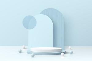 Realistic blue and white 3D cylinder pedestal podium with geometric shape background. Minimal scene for mockup products, stage for showcase, promotion display. Vector geometric forms. Abstract room.