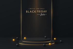 Realistic black, golden 3D cylinder pedestal podium in abstract room with beads balls. Minimal scene for black friday sale, Mockup products, Stage showcase, promotion display. Vector geometric forms.