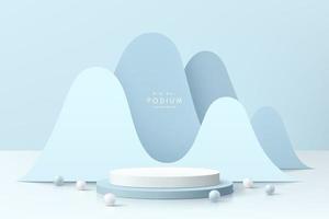 Realistic white and blue cylinder pedestal podium with wavy layers shape background. Vector abstract room with 3D geometric forms. Luxury minimal scene for mockup products showcase, Promotion display.