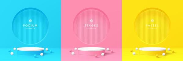 Set of pink, yellow and blue realistic 3d cylinder pedestal podium in pastel abstract room with bead ball. Vector geometric forms. Minimal scene for mockup products ,Stage showcase, Promotion display.