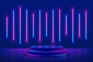 Realistic dark blue cylinder pedestal podium with glowing vertical lamps neon light line in futuristic style. Minimal scene for mockup products, Stage showcase, Promotion display. Abstract 3D room. vector