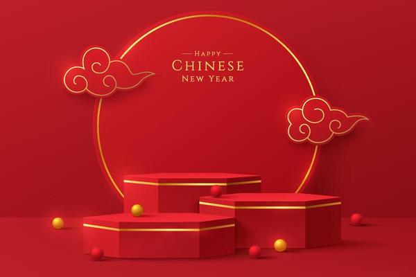 Realistic red, gold 3D hexagon pedestal podium set with circle ring scene. Minimal scene for chinese new year. Stage showcase, Promotion products mockup display. Vector abstract room, geometric forms.