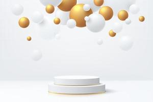 Realistic white and gold cylinder pedestal podium with sphere balls or bubble flying. Vector abstract room with 3D geometric forms. Luxury minimal scene for mockup products showcase, Promotion display