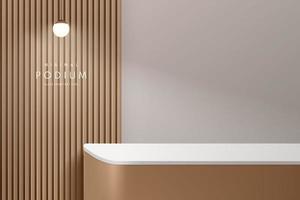 Realistic brown and gray 3D round cube podium with ball neon lamp and vertical line wood texture. Abstract minimal scene for mockup products, stage showcase, promotion display. Vector geometric forms.