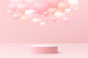 Realistic pink and white 3D cylinder pedestal podium with floating heart balloon shapes. Valentine minimal scene for products showcase, Stage promotion display. Vector abstract room, Geometric forms.