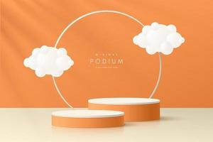 Realistic orange and white 3D cylinder pedestal podium set with ring and clouds flying. Abstract minimal summer scene for mockup products, stage for showcase, promotion display. Vector geometric forms