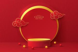 Realistic red, gold 3D cylinder pedestal podium with luxury golden circle scene. Abstract minimal scene for chinese new year. Stage showcase, Promotion mockup products display. Vector geometric forms.