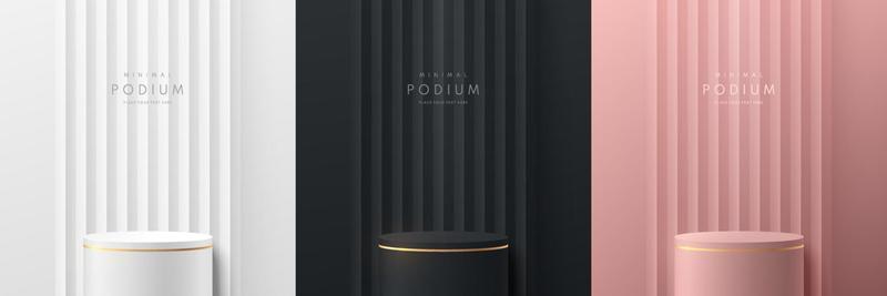 Set of vector abstract 3D room with luxury cylinder stand or podium. Pink gold, Black, Gold and Silver white geometric forms. Minimal scene for mockup products, Stage for showcase, Promotion display.