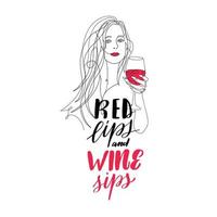 Girl with glass of wine line drawing. Red lips and wine sips. Black continuous line. woman drinking wine from a glass illustration. Vector stock illustration
