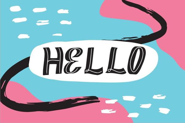 Inspirational handwritten brush lettering hello. Typography for banners, badges, postcard, tshirt, prints, posters. Abstract backgruond in Memphis style. Retro design style with ink texture.