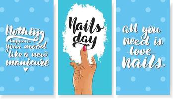 Nails master gift voucher card template. Pop art discount coupon or certificate layout with polka dot shape pattern. Vector fashion blue background design with information text. But first manicure.