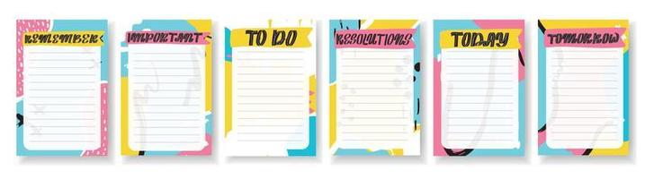 Templates set for notes, to do, check lists. Organizer,planner with retro background and trendy lettering. Memphis style. Vector stock illustration. Remember, important, resolutions, today, tomorrow.