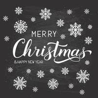 Merry Christmas and Happy New Year calligraphy hand lettering on chalkboard background with snowflakes. Winter holidays typography poster. Vector template for banner, greeting card etc