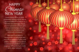 ilustración de vector de año nuevo chino con linternas y flor de cerezo sobre fondo de bokeh rojo brillante. Plantilla fácil de editar. se puede utilizar como tarjetas de felicitación, pancartas, invitaciones, etc.