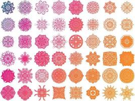 Set of round gradient mandala on white isolated background. Vector hipster mandala in green, red, blue, violet and pink colors. Mandala with floral patterns. Yoga template.