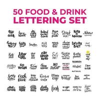 50 food and drink quotes set. Inspirational handwritten brush lettering. Vector calligraphy stock illustration isolated on white background. Typography for banners, badges, postcard, tshirt, prints.