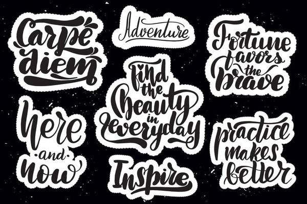 Set of handwritten lettering labels. Stickers with hand drawn typography inscriptions. Great vector stock calligraphy illustrations for handmade and scrapbooking, diaries, cards, badges, social media.