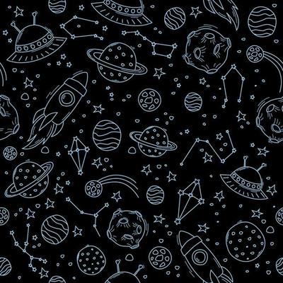Various space objects. Pattern with space on a black background.