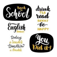 Back to school, reading quotes set. Inspirational handwritten brush lettering. Vector calligraphy stock illustration isolated on white. Typography for banners, badges, postcard, tshirt, prints.