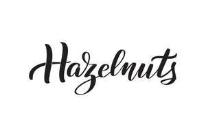 Inspirational handwritten brush lettering Hazelnuts. Vector calligraphy illustration isolated on white background. Typography for banners, badges, postcard, tshirt, prints, posters.