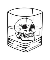 cráneo de cabeza humana dentro de la ilustración de arte de línea de vector de vaso de whisky