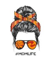 Messy bun hairstyle with basketball headband and glasses, vector illustration