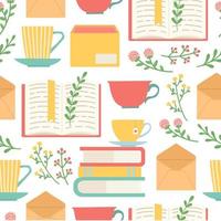 Book, cup, envelope and flower seamless pattern, vector illustration