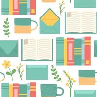 Book, cup, envelope and flower seamless pattern, vector illustration