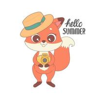 lindo zorro listo para el verano, hola ilustración de vector de dibujos animados de verano