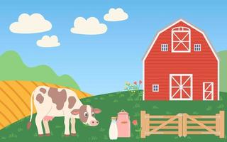 Farm with cow and barn, wooden fence and green, flat design vector illustration