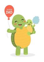 Fathers Day postcard, best dad, daddy and son turtle, cartoon vector illustration