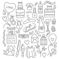 Wedding objects doodle black and white vector illustration