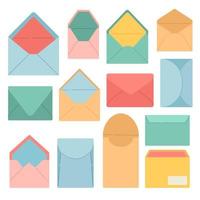 Envelope set flat design vector illustration, different shape colorful envelopes