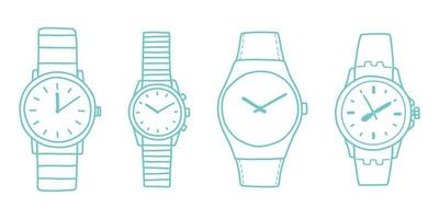 Doodle watch set, blue color vector illustration