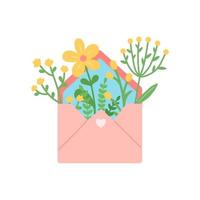 Flowers and leaves in envelope, vector illustration