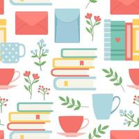 Book, cup, envelope and flower seamless pattern, vector illustration