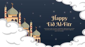 Happy Eid Al Fitr background with mosque and cloud in the sky vector
