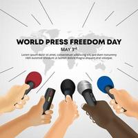 World press freedom day background with hands of reporters are holding recorder vector