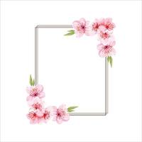 Spring floral border. Cherry blossoms pink flowers frame, Flower branches vector frame illustration, tree blossom flowers border template. Pink cherry blossom branches, buds on twigs.