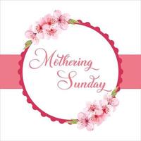 Mothering Sunday banner with cherry blossoms. Pink flowers over blue painted stripes on white. Mothering Sunday greeting card template, rectangular frame border with calligraphic text vector