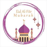 elegante eid al-fitr mubarak con efecto de texto dorado dentro de pincel redondo, festival sagrado de musulmanes, mezquita musulmana, sombra multicolor, púrpura, ilustración vectorial de mezquita, trazo de pincel. vector