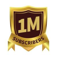 1 million subscriber celebration badges with golden color ribbon and golden royale shield on white background, Dark and golden color shade with ribbon, 1 million subscribers special golden badge. vector