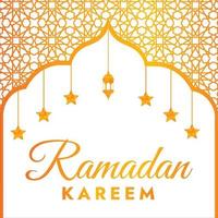 una hermosa tarjeta de felicitación, pancarta o afiche de ramadan mubarak con lámpara colgante decorada. Eid Mubarak. patrón de oro árabe, puerta de mezquita dorada con patrón islámico para ramadan kareem vector