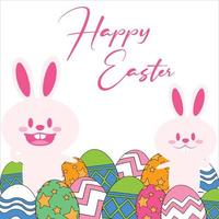 felices conejitos de pascua con fondo blanco, felices conejitos de pascua con huevos multicolores, hermosos conejitos rosados, felices pascuas con un efecto de texto de color rosa en un fondo blanco vector