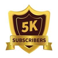 Luxurious 5K Subscribers badge with golden ribbon and dark color shade vector illustration on a white background, 5K subscriber celebration with golden subscriber badge.