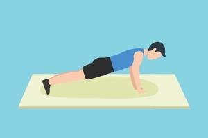 Boy doing push-up exercise on a floor mat vector illustration. Man doing push-ups for body strength and muscle buildup. Bodybuilder flat character design doing push-up exercise vector.