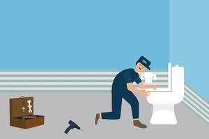 Plumber repairing toilet with his equipment flat character vector. Home plumber service vector illustration. Plumber man working in the home bathroom and repairing toilet. Plumber man with a toolbox.